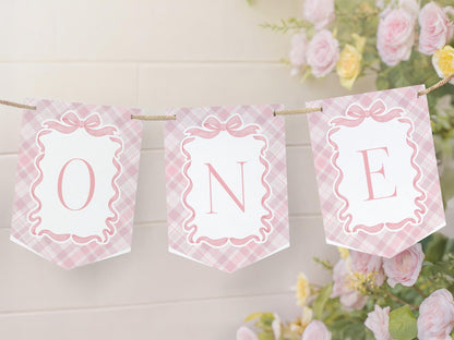 Pink Tartan Plaid Bear Birthday Banner Template, Beary First Birthday Decor, Old Money Birthday Party, Coquette Bow Party Decorations WP1090