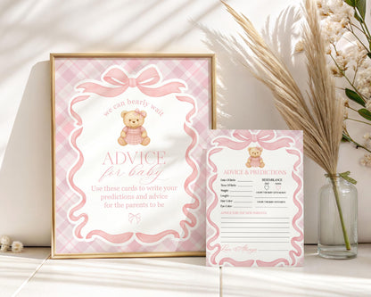 Pink Tartan Plaid Bear Advice for Baby Cards Template, We Can Bearly Wait Old Money Baby Sprinkle, Coquette Bow Nesting Party WP1090