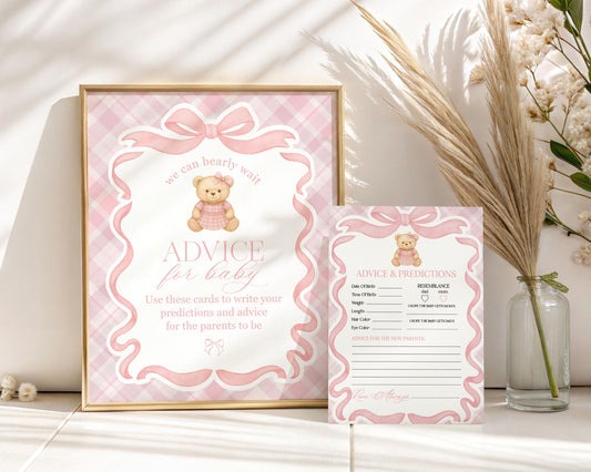 Pink Tartan Plaid Bear Advice for Baby Cards Template, We Can Bearly Wait Old Money Baby Sprinkle, Coquette Bow Nesting Party WP1090