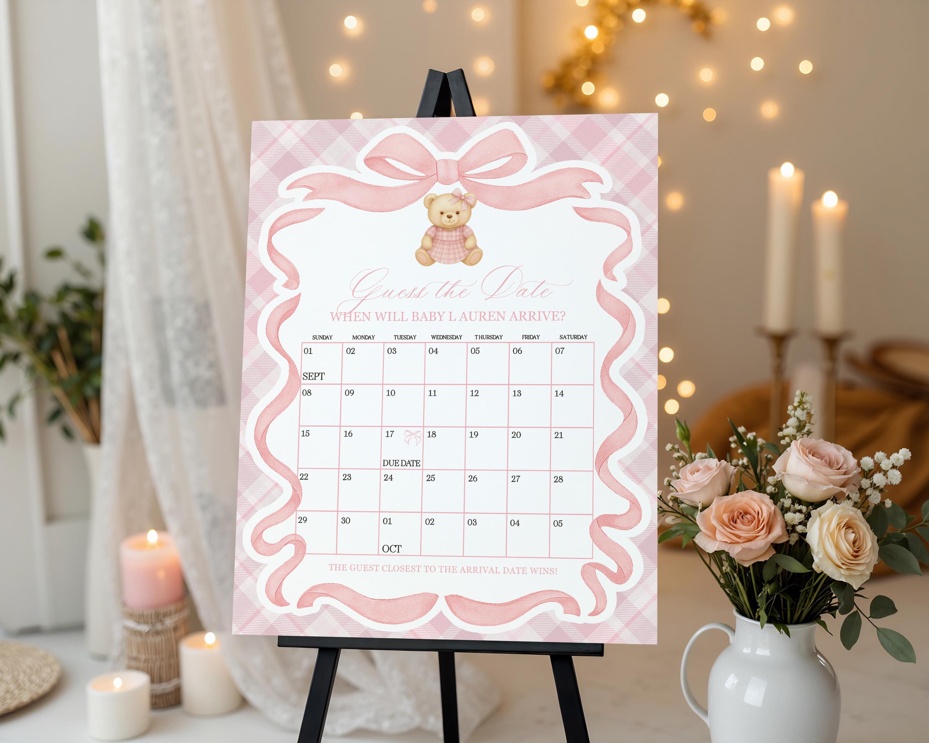 Pink Tartan Plaid Bear Girl Baby Shower Guess the Date Template, We Can Bearly Wait Old Money Baby Sprinkle, Coquette Nesting Party WP1090