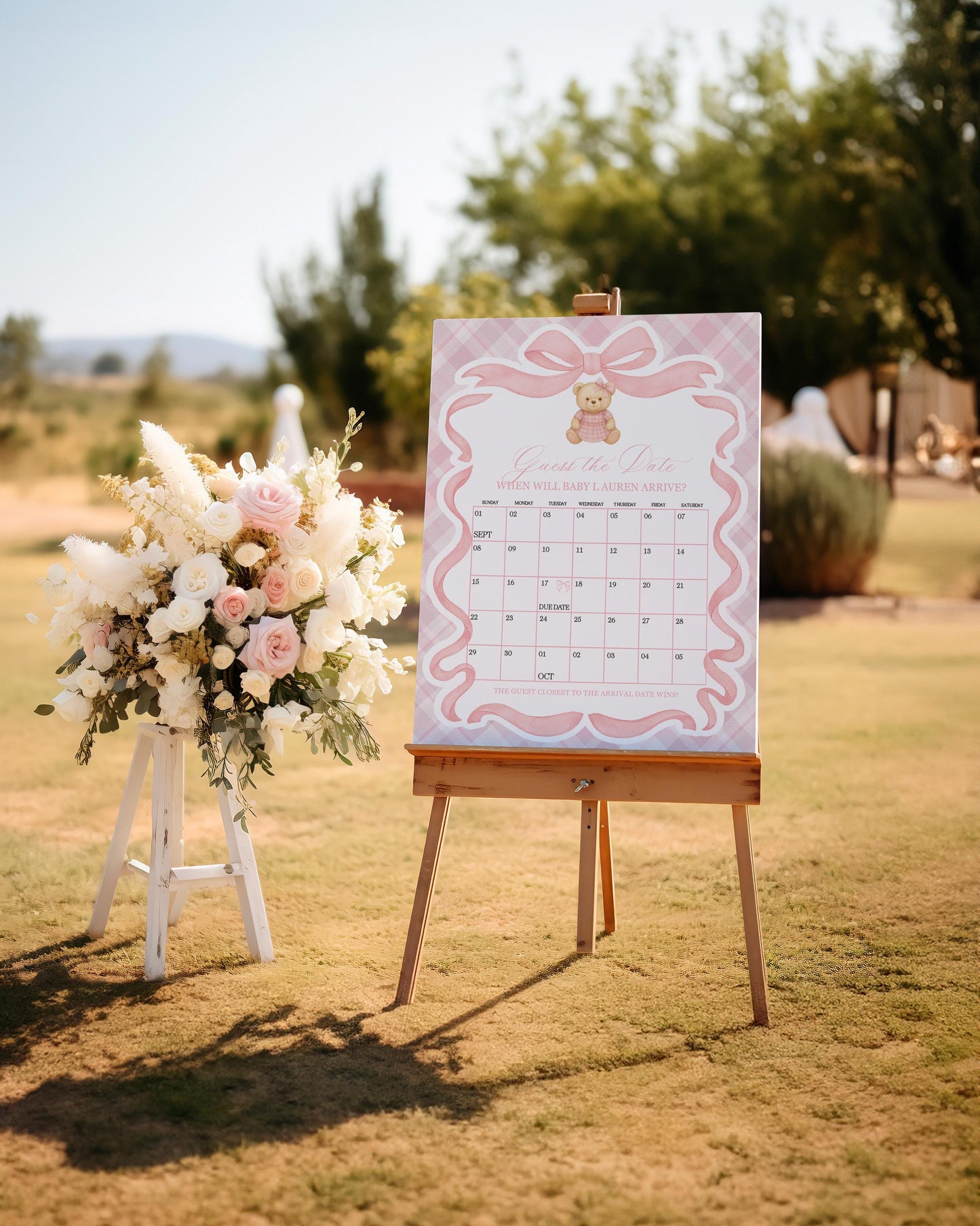 Pink Tartan Plaid Bear Girl Baby Shower Guess the Date Template, We Can Bearly Wait Old Money Baby Sprinkle, Coquette Nesting Party WP1090