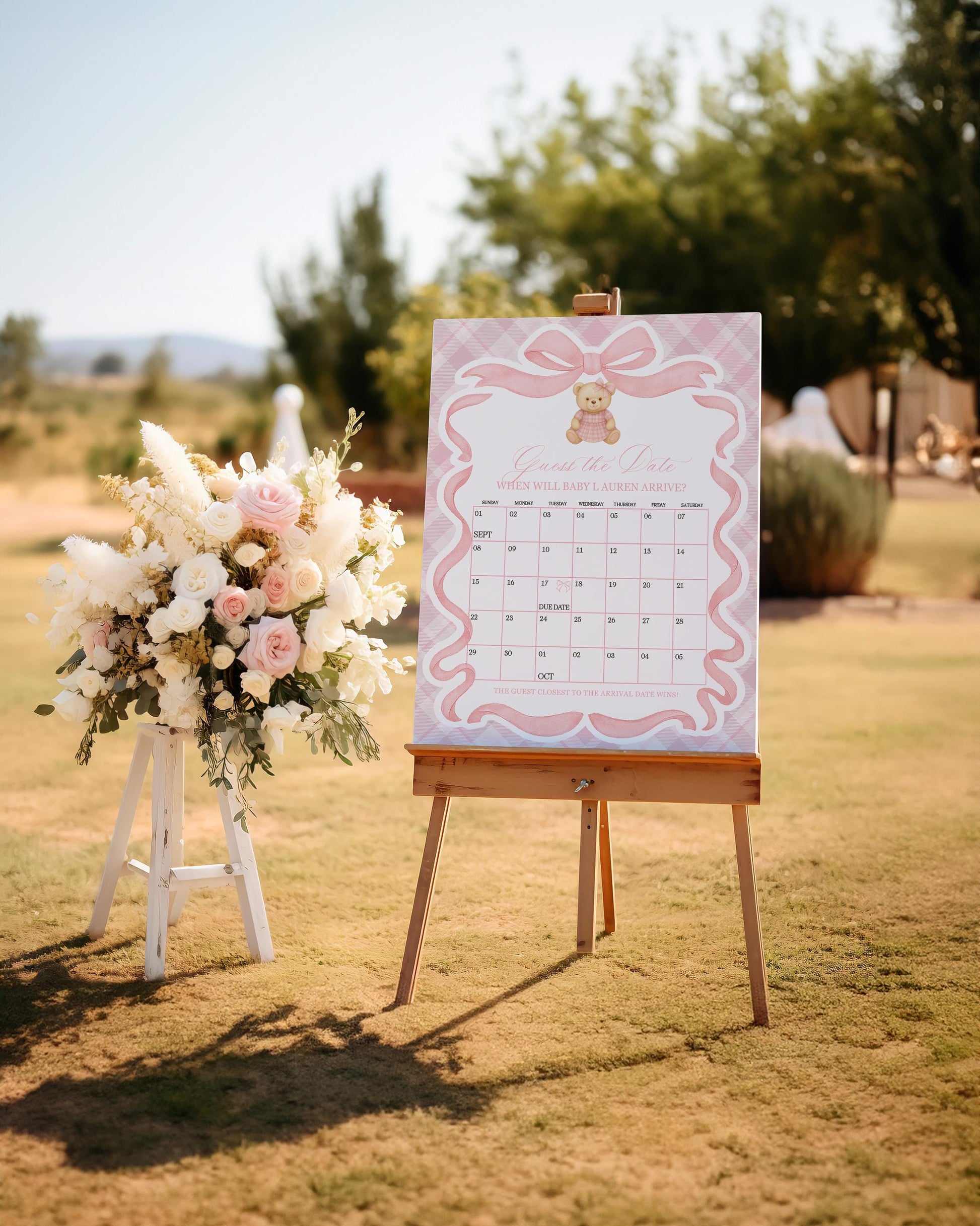 Pink Tartan Plaid Bear Girl Baby Shower Guess the Date Template, We Can Bearly Wait Old Money Baby Sprinkle, Coquette Nesting Party WP1090