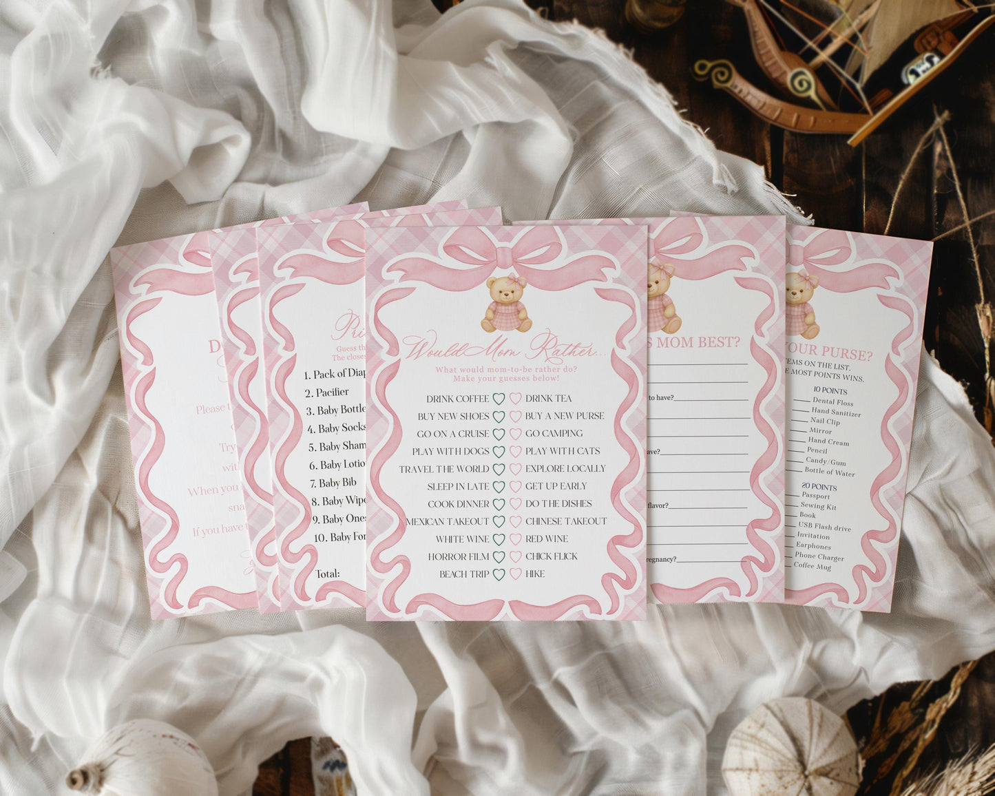 Pink Tartan Plaid Bear Baby Shower Games Template, We Can Bearly Wait Old Money Baby Sprinkle, Coquette Bow Nesting Party WP1090