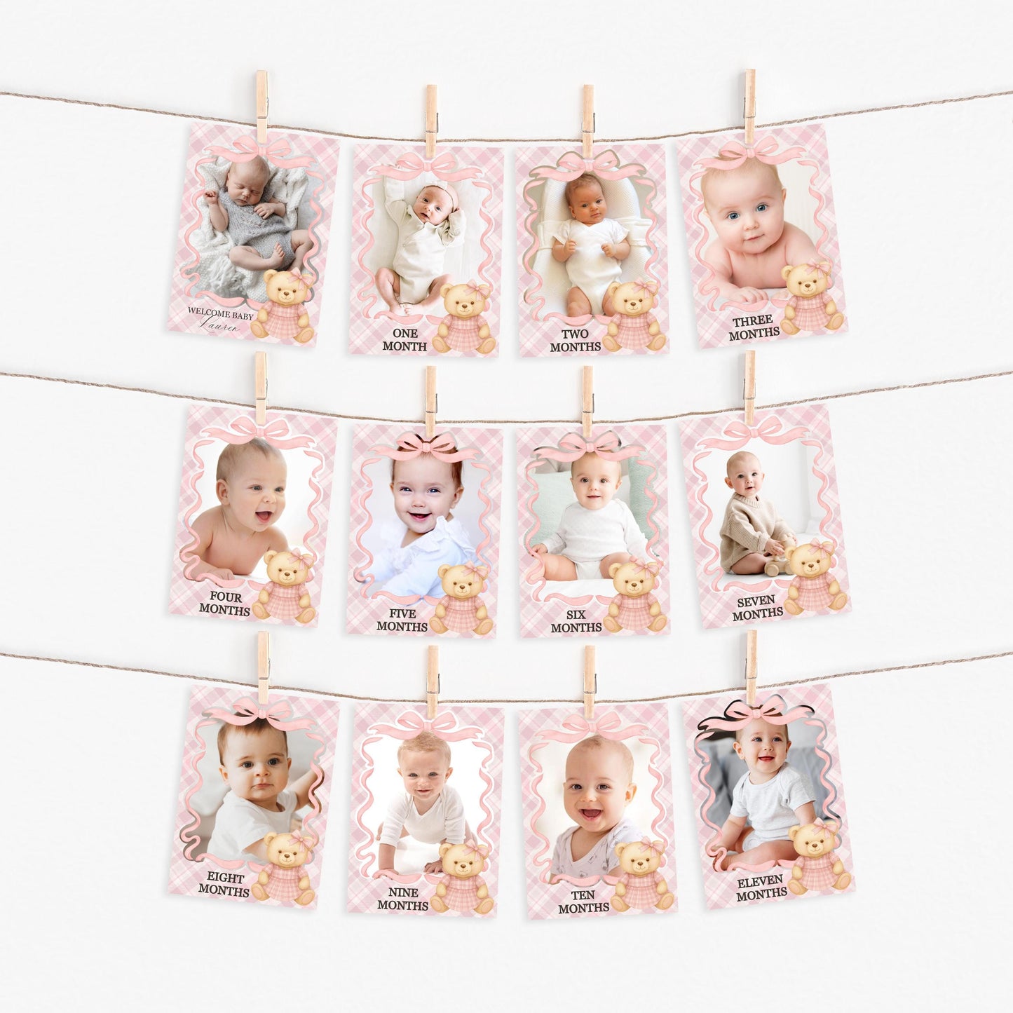 Pink Tartan Plaid Bear Girl 1st Birthday Milestone Banner Template, Beary First Birthday Decor, Old Money Bday Coquette Bow Party WP1090