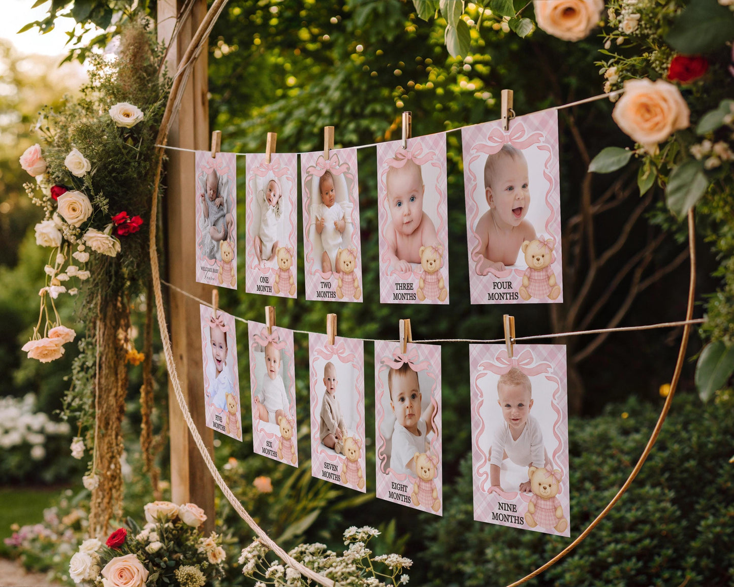 Pink Tartan Plaid Bear Girl 1st Birthday Milestone Banner Template, Beary First Birthday Decor, Old Money Bday Coquette Bow Party WP1090