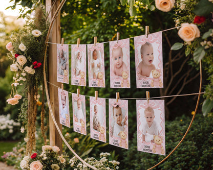 Pink Tartan Plaid Bear Girl 1st Birthday Milestone Banner Template, Beary First Birthday Decor, Old Money Bday Coquette Bow Party WP1090