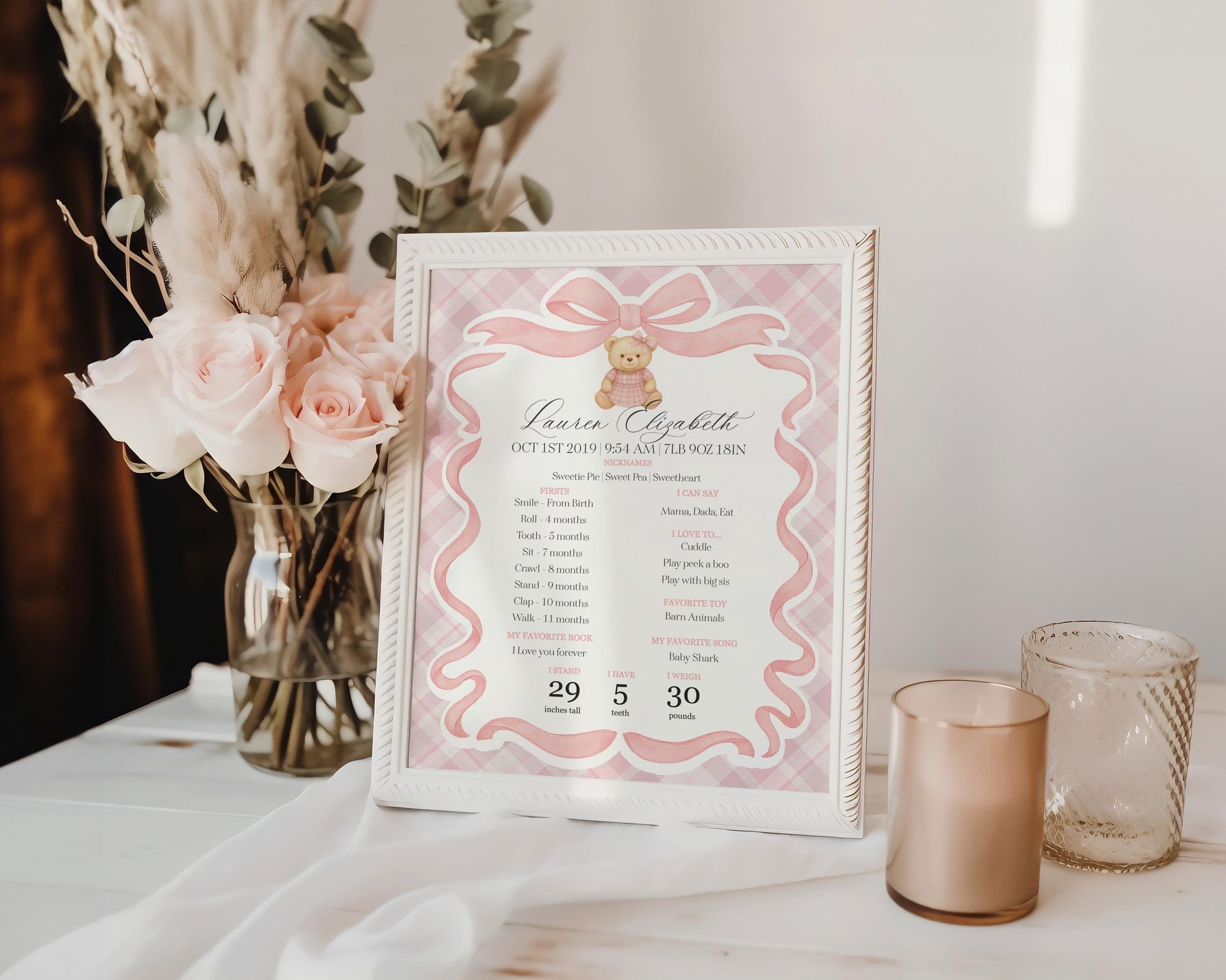 Pink Tartan Plaid Bear First Year Milestone Sign Printable Template, Beary First Birthday Decor, Old Money Bday Coquette Bow Party WP1090