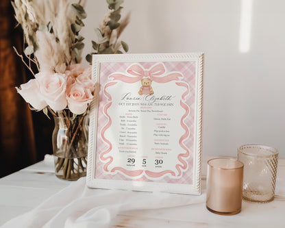 Pink Tartan Plaid Bear First Year Milestone Sign Printable Template, Beary First Birthday Decor, Old Money Bday Coquette Bow Party WP1090