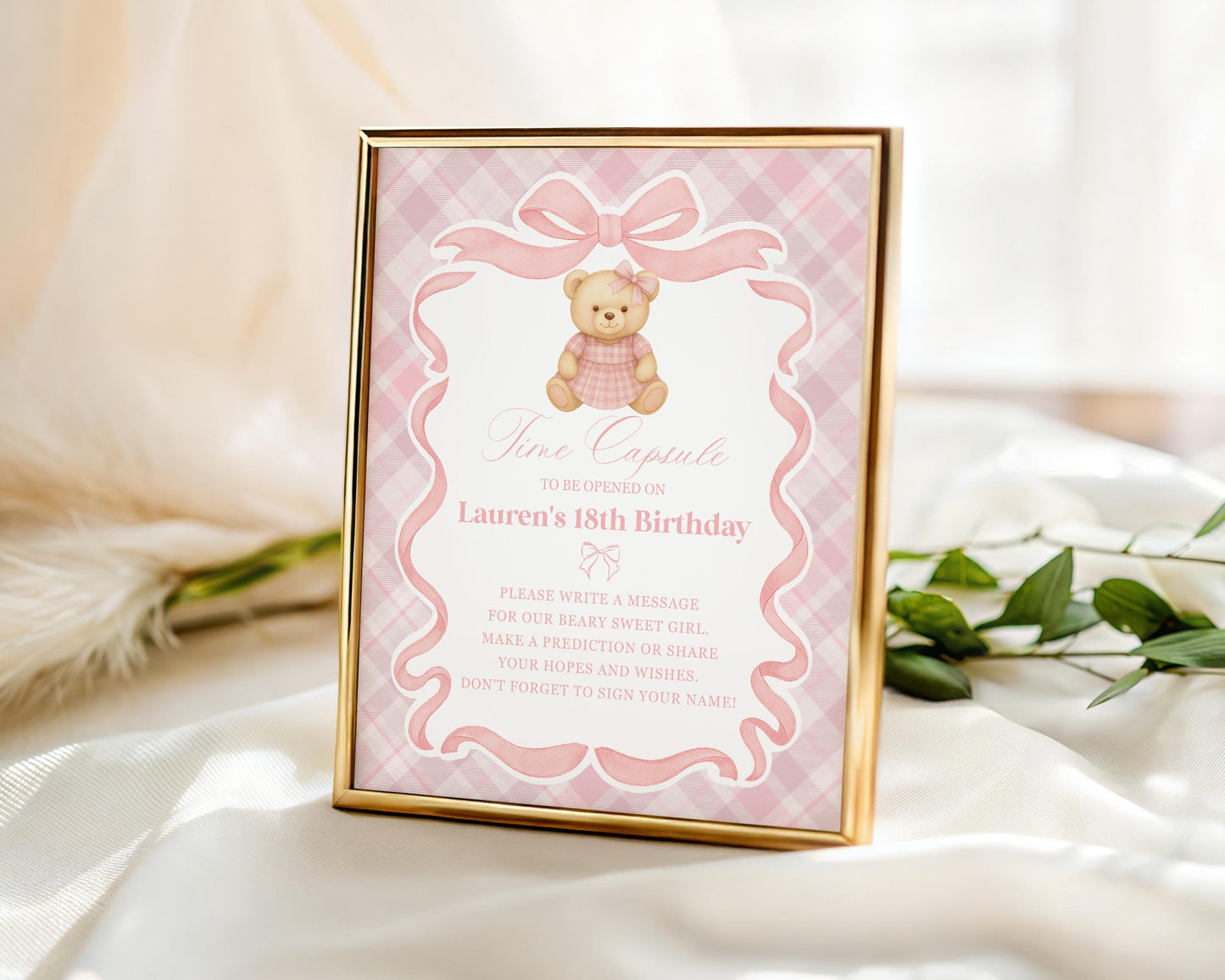 Pink Tartan Plaid Bear Time Capsule Template, Beary First Birthday Decor, Old Money Birthday Party, Coquette Bow Party Decorations WP1090