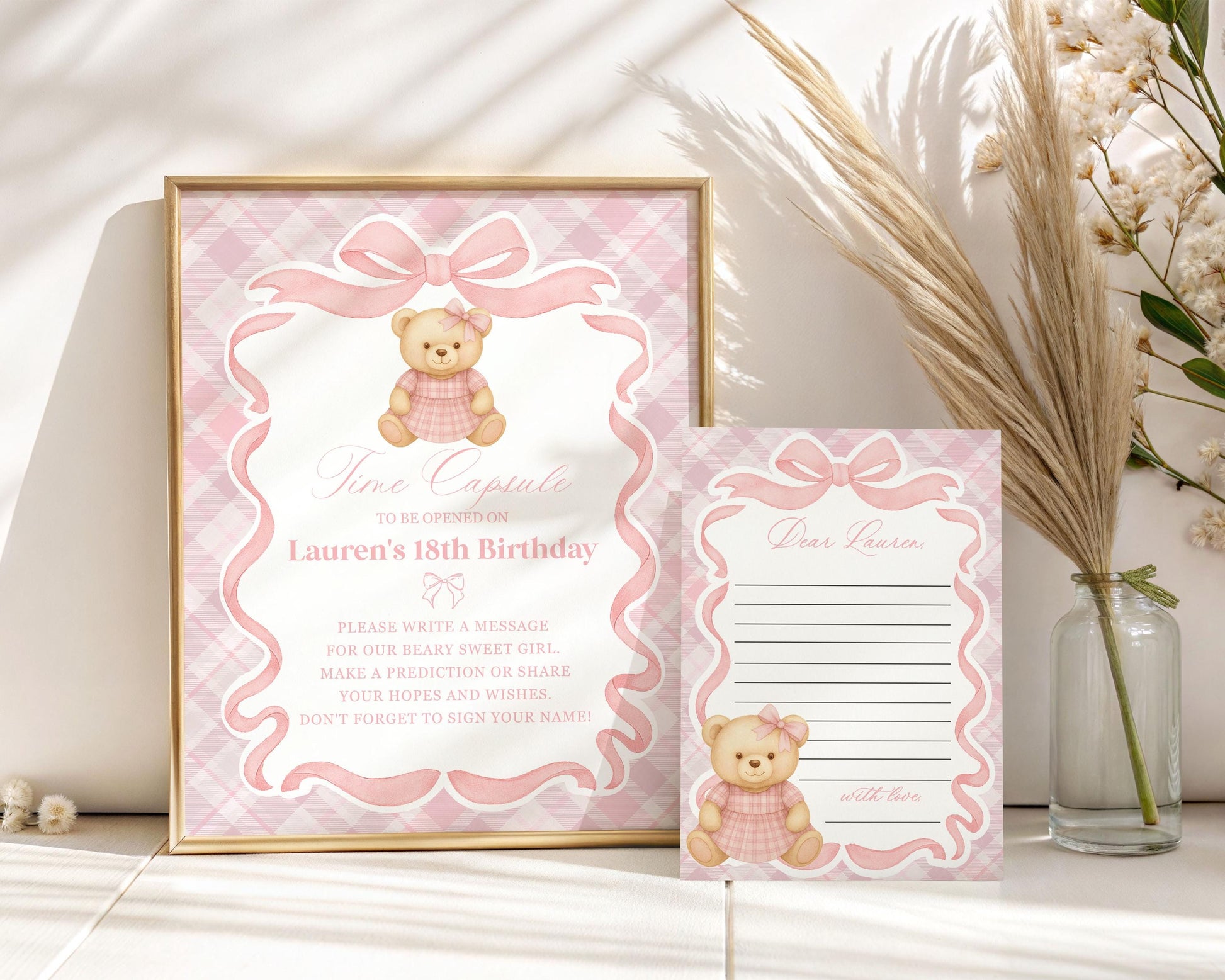 Pink Tartan Plaid Bear Time Capsule Template, Beary First Birthday Decor, Old Money Birthday Party, Coquette Bow Party Decorations WP1090