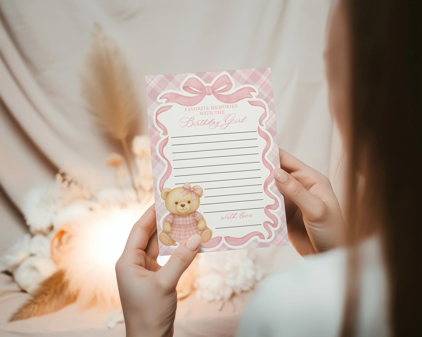 Pink Tartan Plaid Bear Favorite Memories Birthday Template, Old Money Teddy Bear Birthday Party, Coquette Bow Beary First Party WP1090