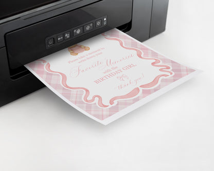 Pink Tartan Plaid Bear Favorite Memories Birthday Template, Old Money Teddy Bear Birthday Party, Coquette Bow Beary First Party WP1090