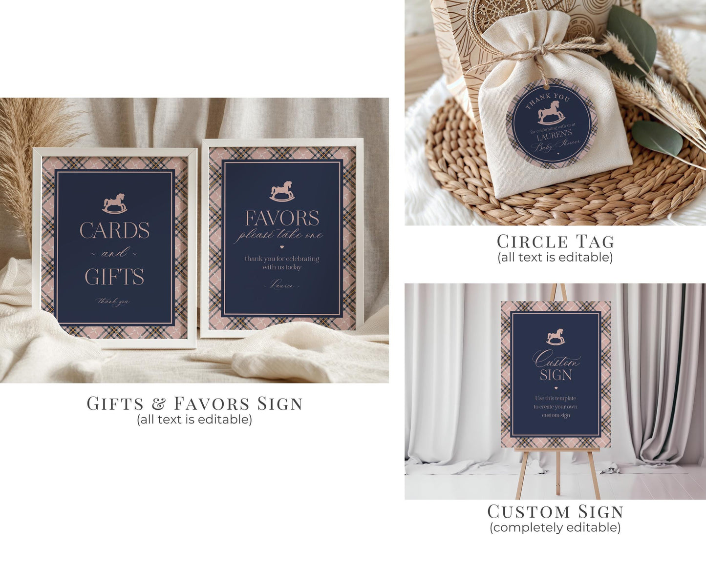 Classic Rocking Horse Baby Shower Bundle Printable Template, Pink Tartan Plaid Baby Sprinkle, Old Money Style Brunch with Mom to Be WP1088