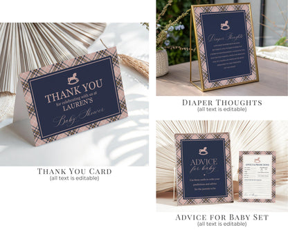 Classic Rocking Horse Baby Shower Bundle Printable Template, Pink Tartan Plaid Baby Sprinkle, Old Money Style Brunch with Mom to Be WP1088