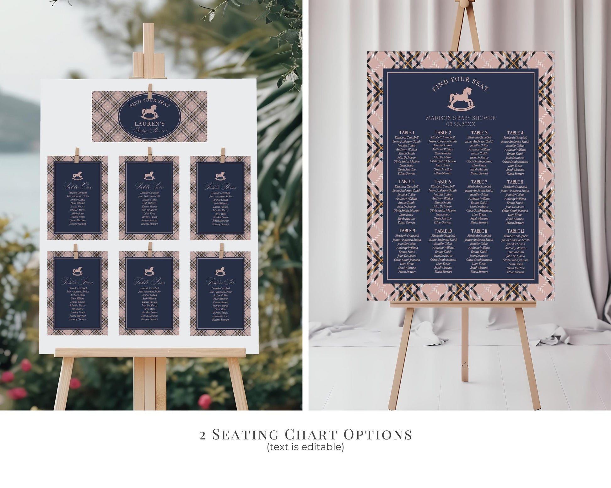 Classic Rocking Horse Baby Shower Bundle Printable Template, Pink Tartan Plaid Baby Sprinkle, Old Money Style Brunch with Mom to Be WP1088