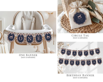 Classic Rocking Horse 1st Birthday Bundle Printable Template, Pink Tartan Plaid First Birthday Party, Old Money Style Bday Party WP1088