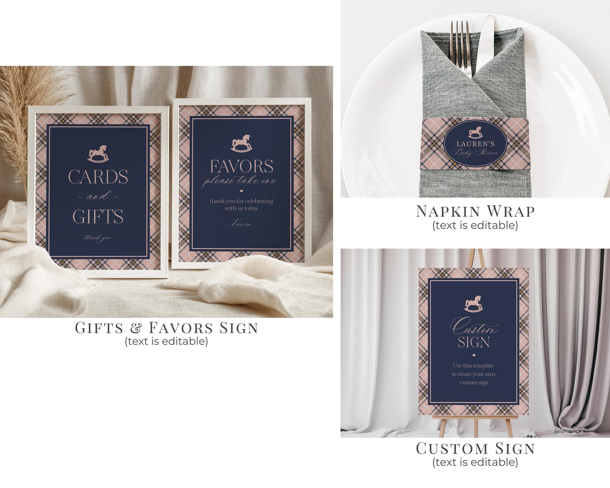 Classic Rocking Horse 1st Birthday Bundle Printable Template, Pink Tartan Plaid First Birthday Party, Old Money Style Bday Party WP1088