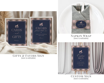 Classic Rocking Horse 1st Birthday Bundle Printable Template, Pink Tartan Plaid First Birthday Party, Old Money Style Bday Party WP1088