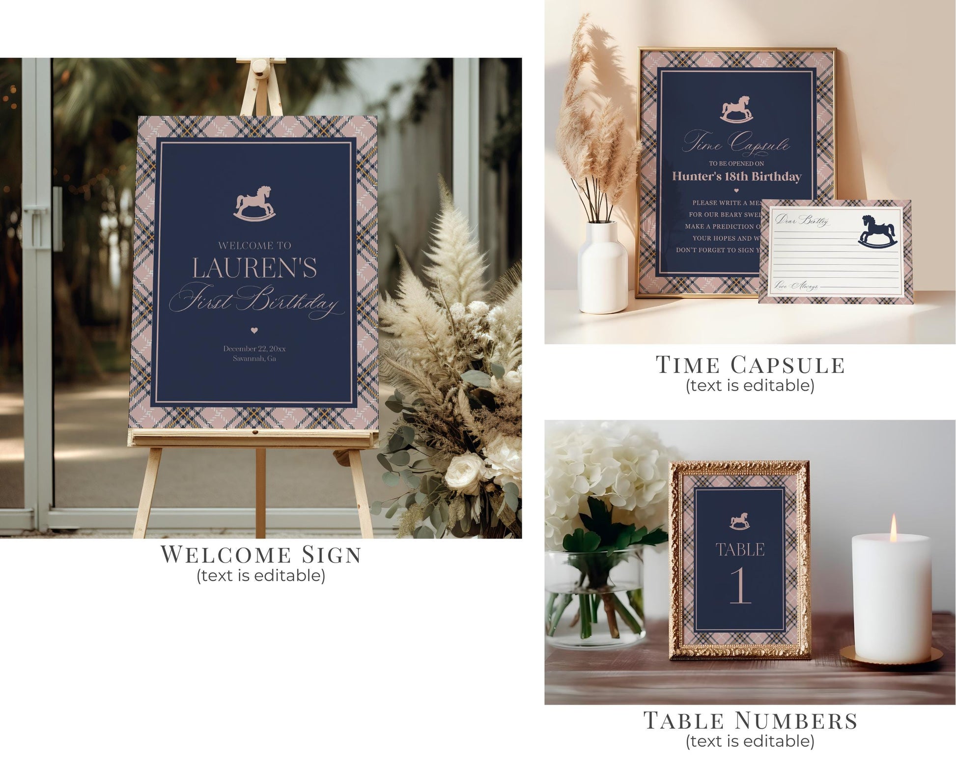 Classic Rocking Horse 1st Birthday Bundle Printable Template, Pink Tartan Plaid First Birthday Party, Old Money Style Bday Party WP1088