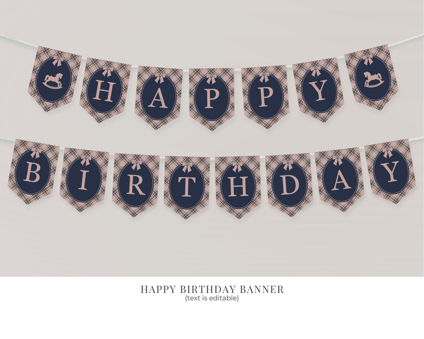 Classic Rocking Horse 1st Birthday Bundle Printable Template, Pink Tartan Plaid First Birthday Party, Old Money Style Bday Party WP1088