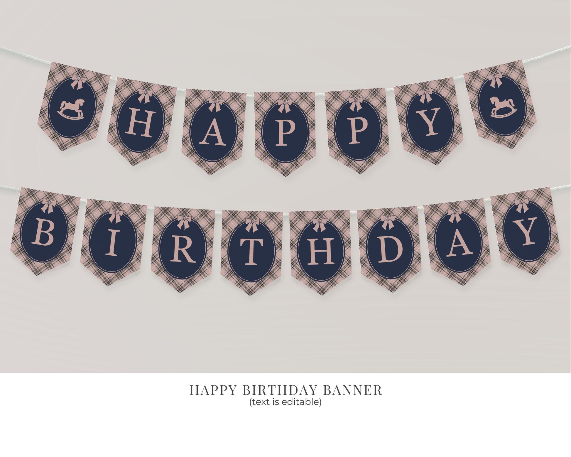 Classic Rocking Horse 1st Birthday Bundle Printable Template, Pink Tartan Plaid First Birthday Party, Old Money Style Bday Party WP1088