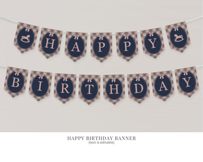 Classic Rocking Horse 1st Birthday Bundle Printable Template, Pink Tartan Plaid First Birthday Party, Old Money Style Bday Party WP1088