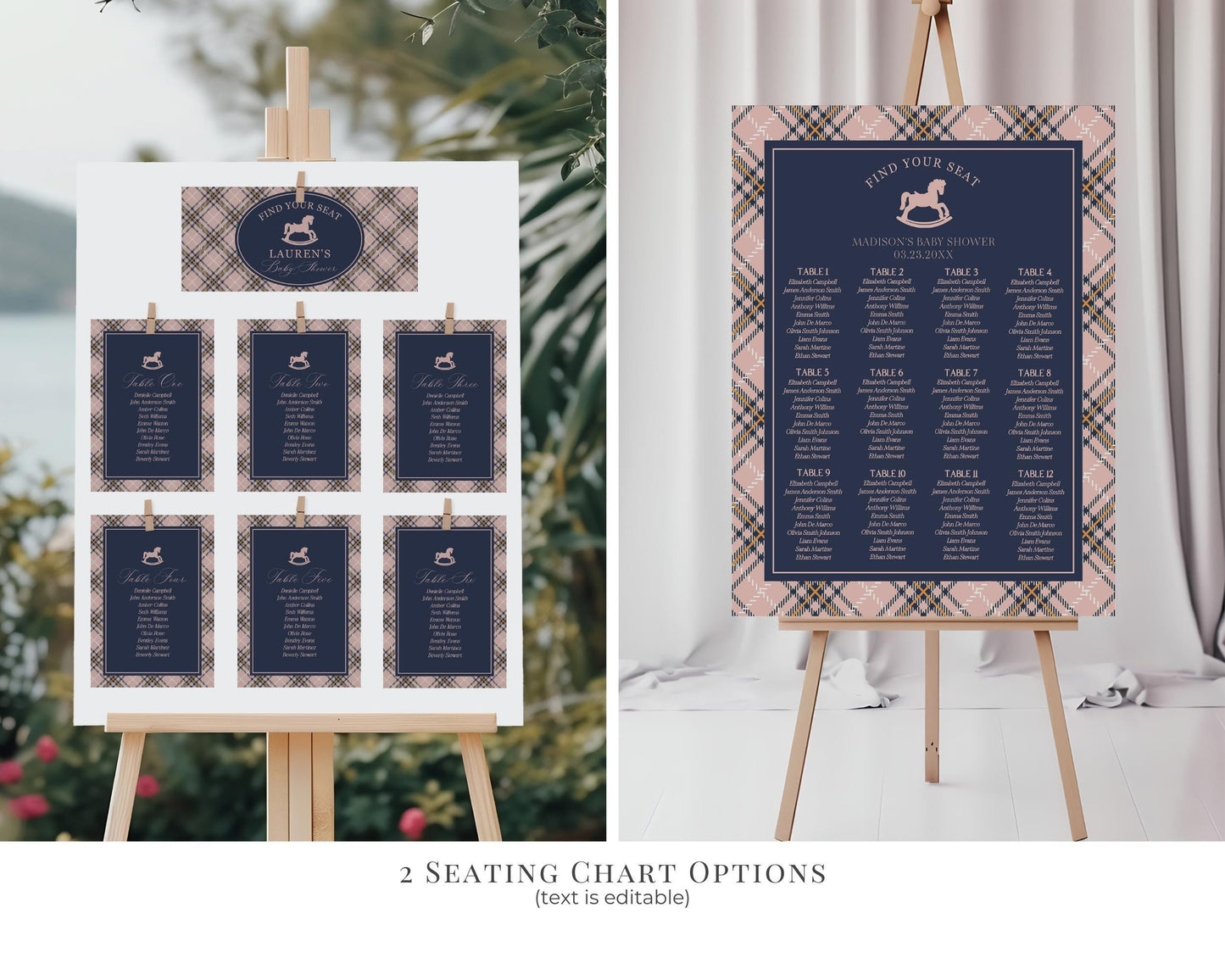 Classic Rocking Horse 1st Birthday Bundle Printable Template, Pink Tartan Plaid First Birthday Party, Old Money Style Bday Party WP1088