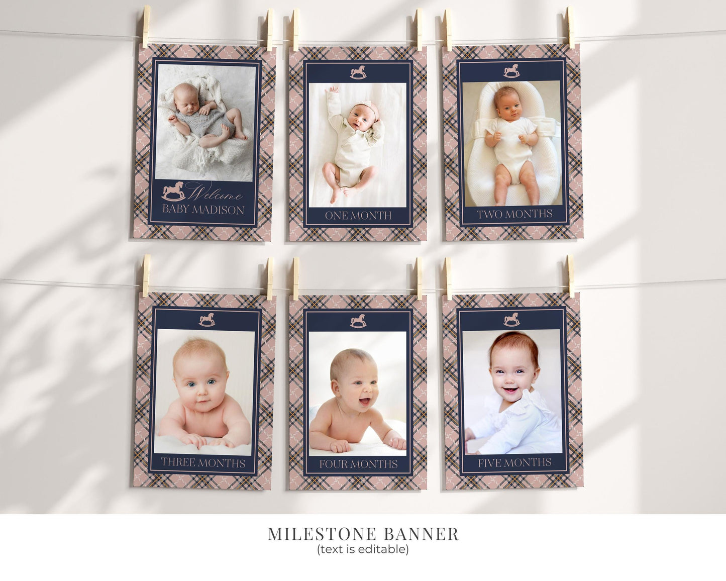 Classic Rocking Horse 1st Birthday Bundle Printable Template, Pink Tartan Plaid First Birthday Party, Old Money Style Bday Party WP1088