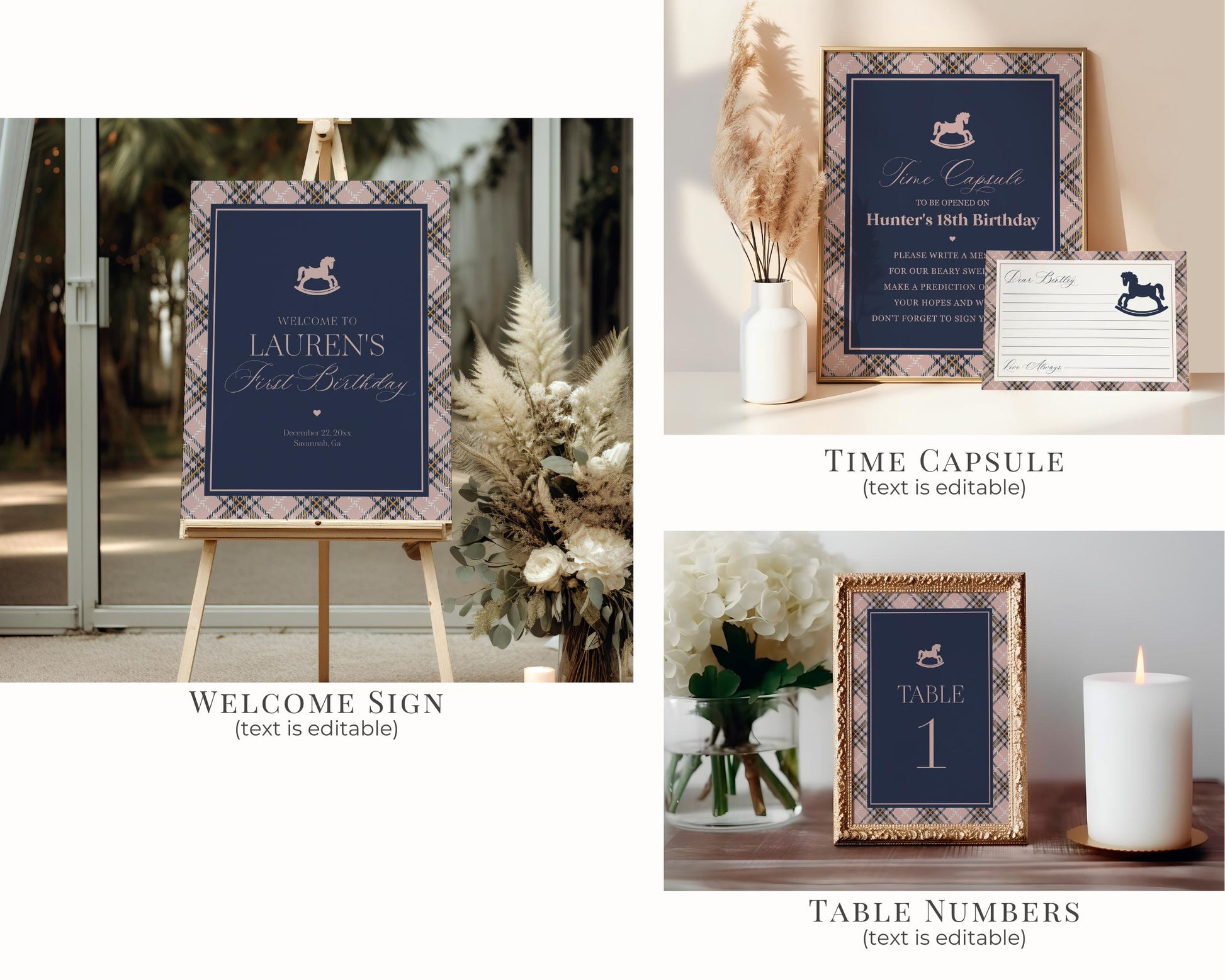 Classic Rocking Horse Birthday Bundle Printable Template, Pink Tartan Plaid Kids Birthday Party, Old Money Timeless Bday Celebration WP1088