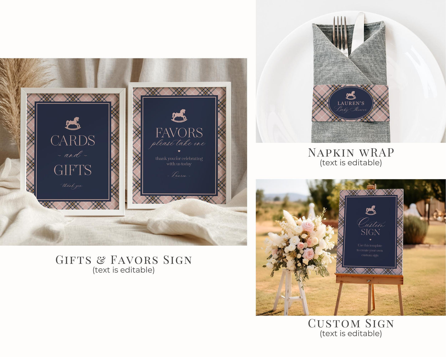 Classic Rocking Horse Birthday Bundle Printable Template, Pink Tartan Plaid Kids Birthday Party, Old Money Timeless Bday Celebration WP1088