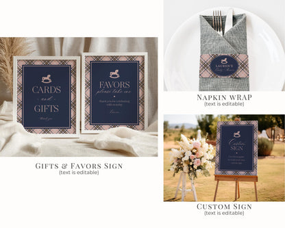 Classic Rocking Horse Birthday Bundle Printable Template, Pink Tartan Plaid Kids Birthday Party, Old Money Timeless Bday Celebration WP1088