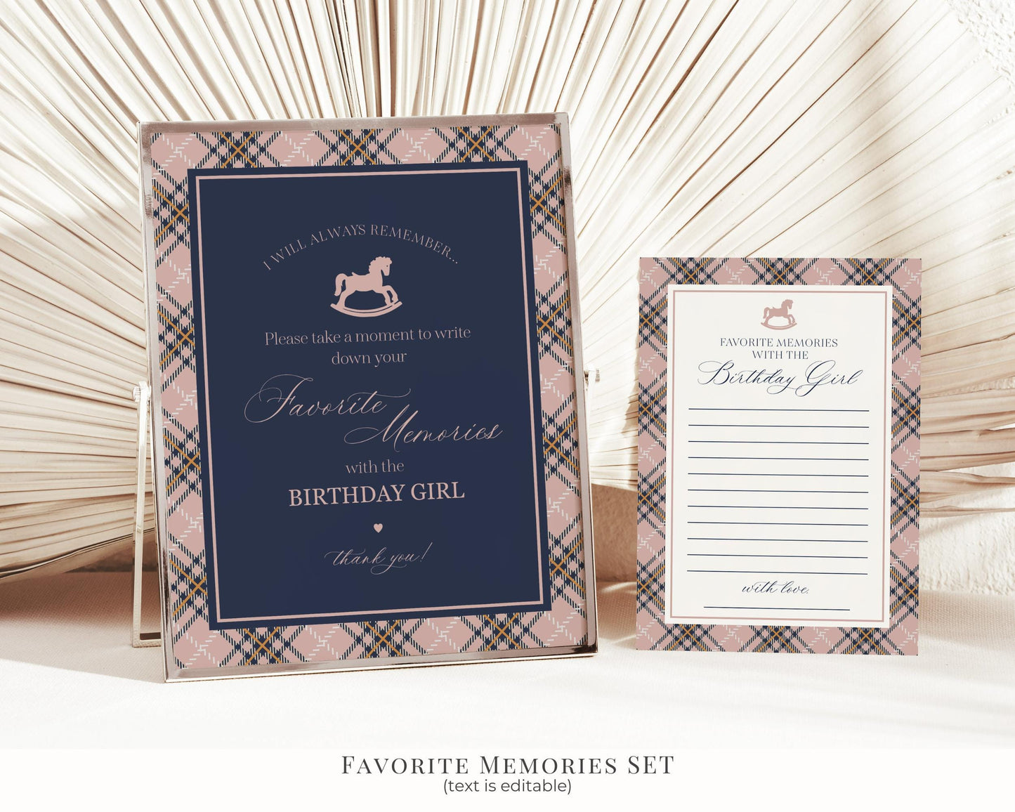Classic Rocking Horse Birthday Bundle Printable Template, Pink Tartan Plaid Kids Birthday Party, Old Money Timeless Bday Celebration WP1088