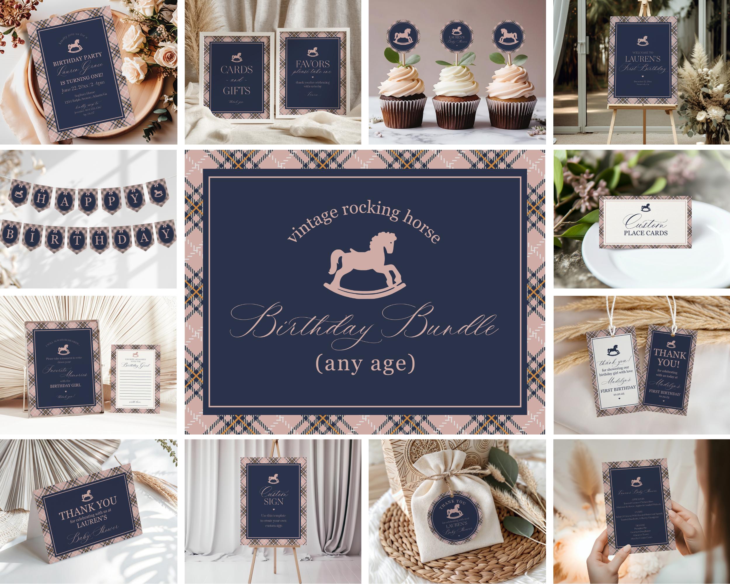 Classic Rocking Horse Birthday Bundle Printable Template, Pink Tartan Plaid Kids Birthday Party, Old Money Timeless Bday Celebration WP1088