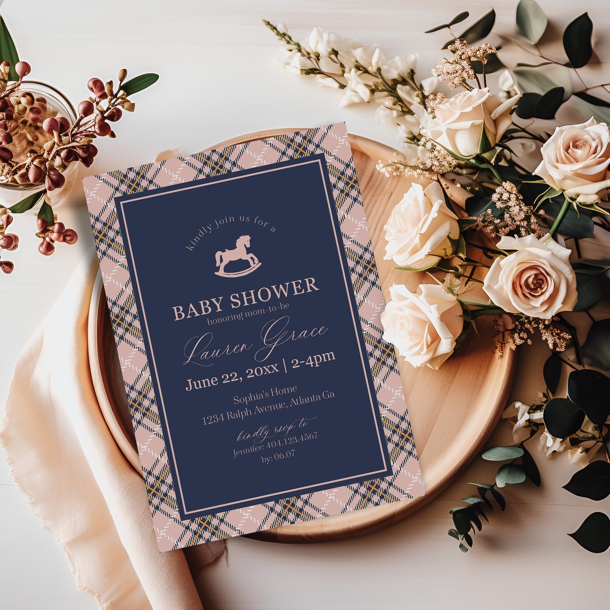 Classic Rocking Horse Baby Shower Invitation Printable Template, Pink Tartan Plaid Baby Sprinkle, Old Money Style Brunch with Mom WP1088