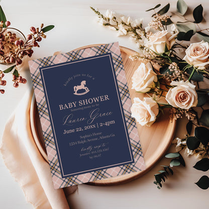 Classic Rocking Horse Baby Shower Invitation Printable Template, Pink Tartan Plaid Baby Sprinkle, Old Money Style Brunch with Mom WP1088