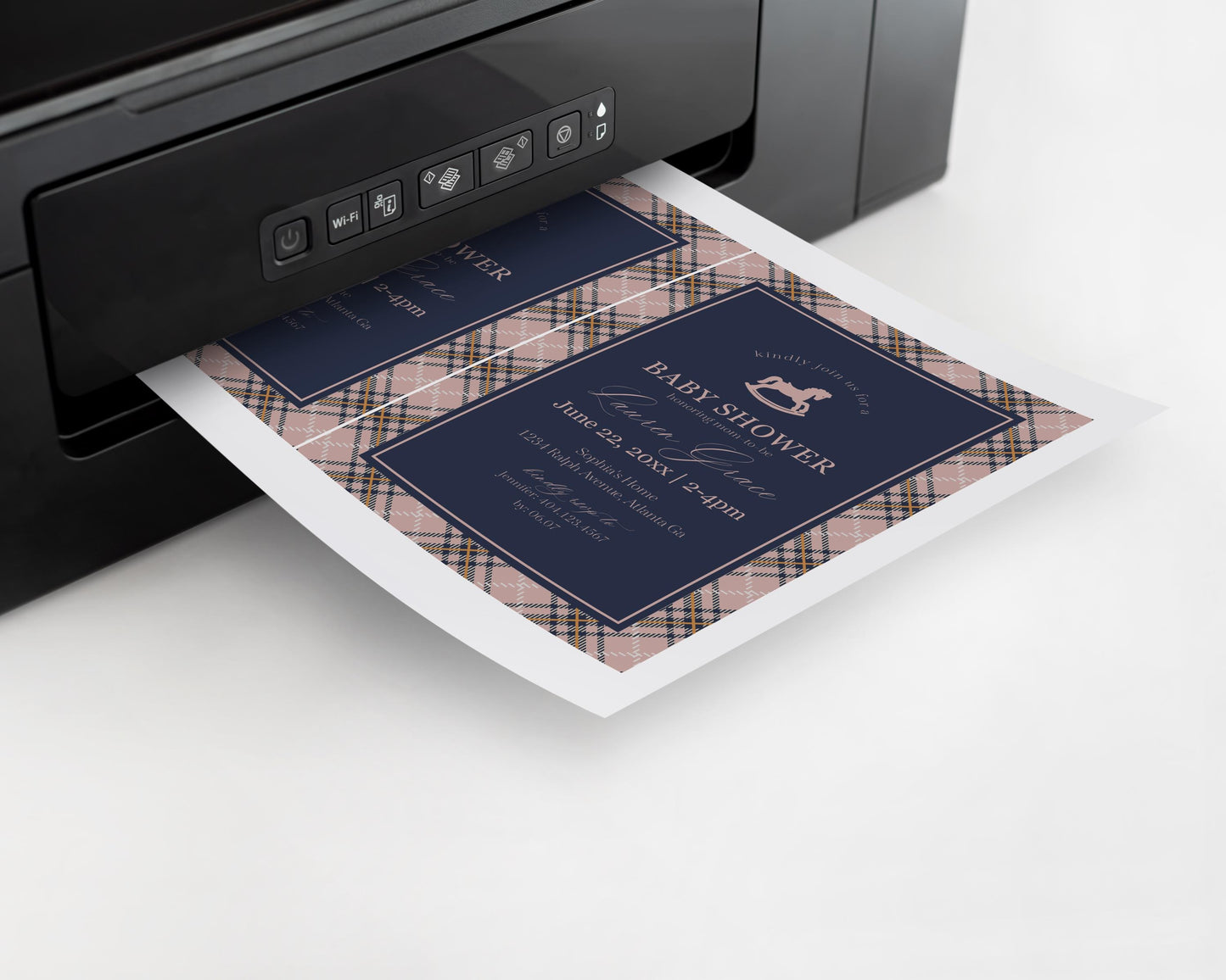 Classic Rocking Horse Baby Shower Invitation Printable Template, Pink Tartan Plaid Baby Sprinkle, Old Money Style Brunch with Mom WP1088