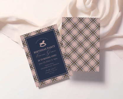 Classic Rocking Horse Birthday Invite Printable Template, Pink Tartan Plaid First Birthday Party, Old Money Timeless Bday Celebration WP1088