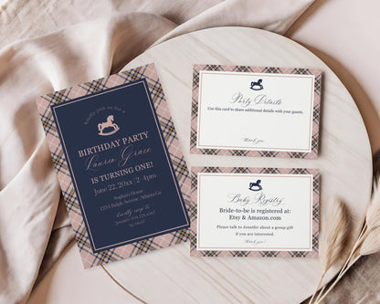 Classic Rocking Horse Birthday Invite Printable Template, Pink Tartan Plaid First Birthday Party, Old Money Timeless Bday Celebration WP1088