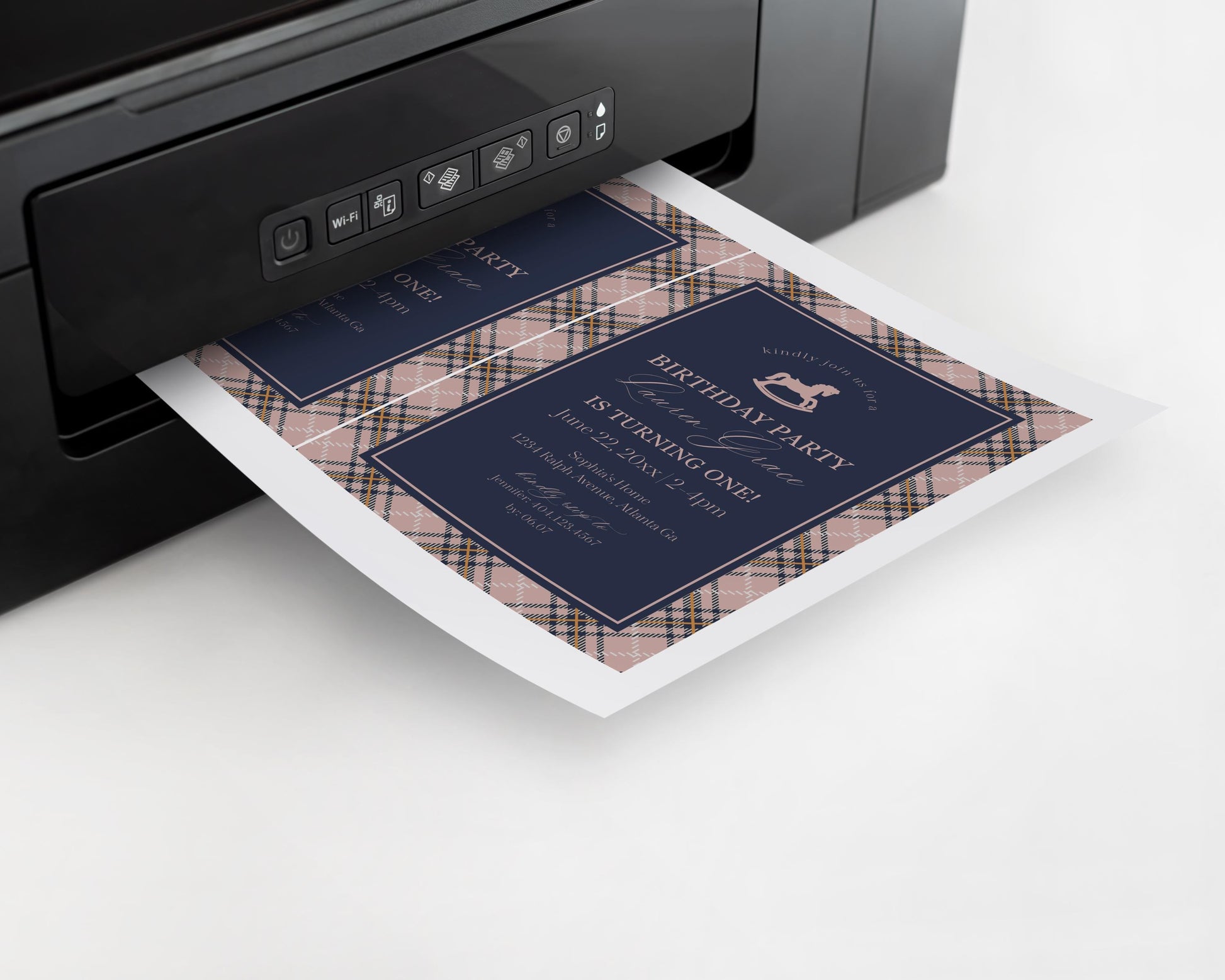 Classic Rocking Horse Birthday Invite Printable Template, Pink Tartan Plaid First Birthday Party, Old Money Timeless Bday Celebration WP1088