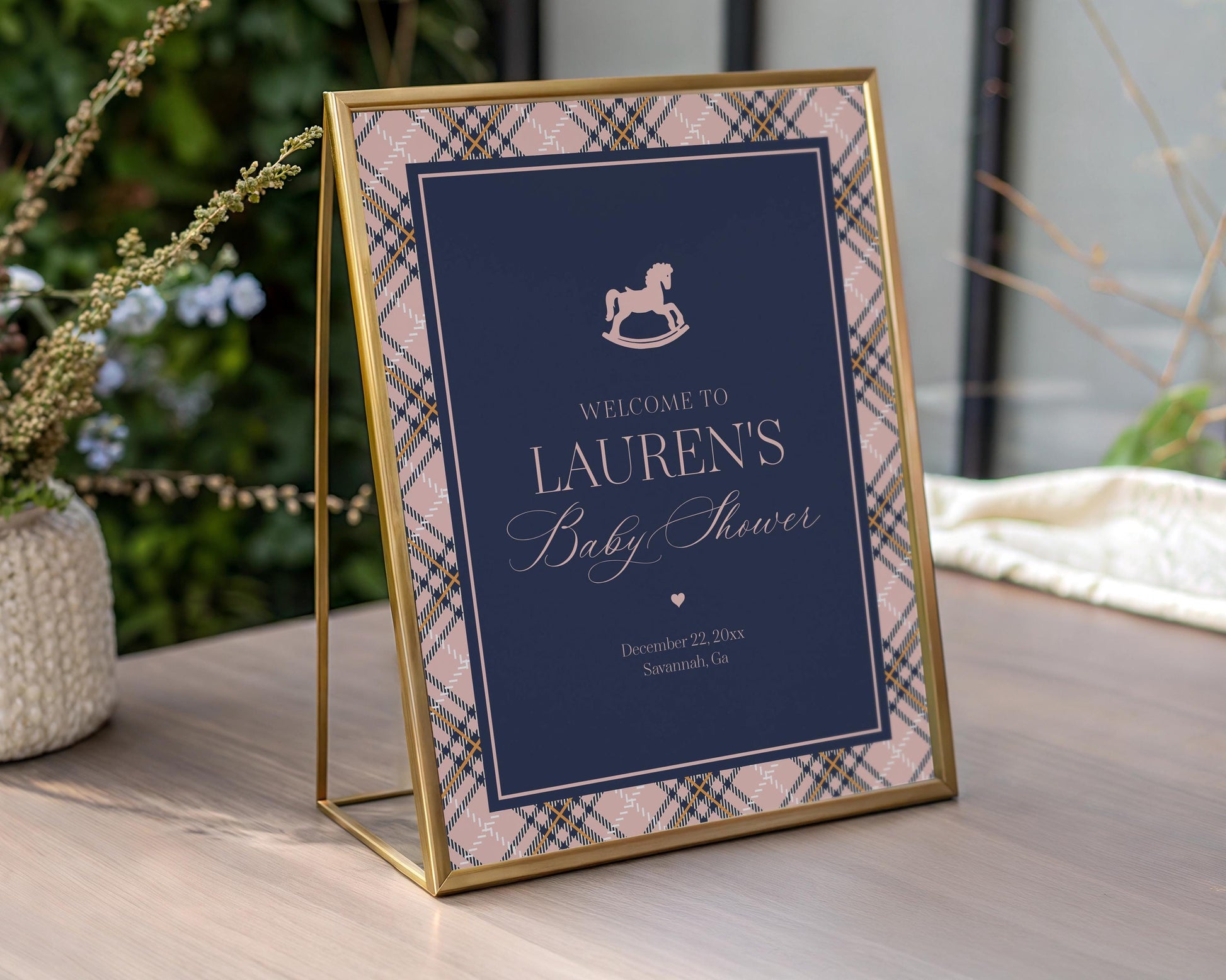 Classic Rocking Horse Baby Shower Welcome Sign Template, Pink Tartan Plaid Baby Sprinkle, Old Money Style Brunch with Mom to Be WP1088