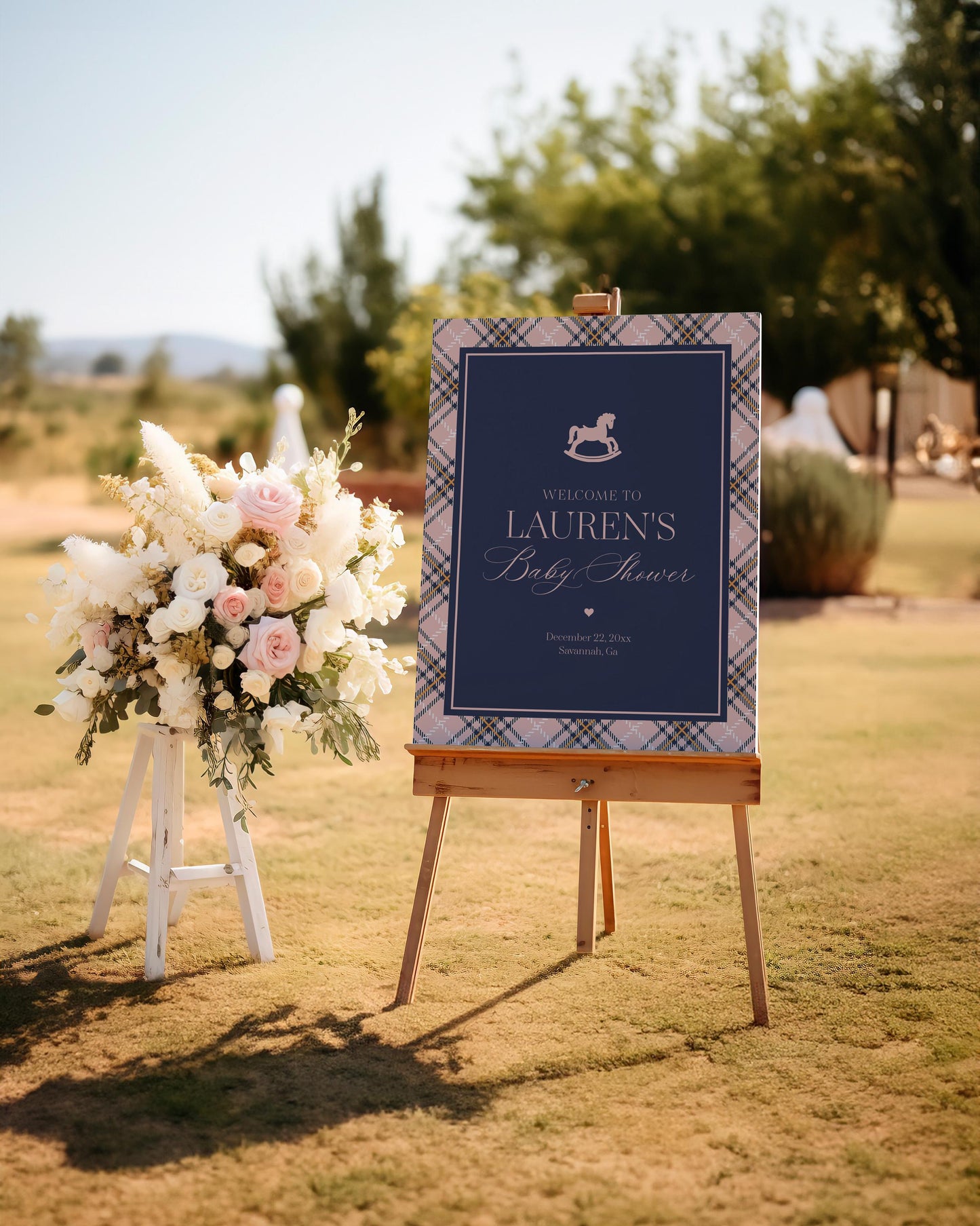 Classic Rocking Horse Baby Shower Welcome Sign Template, Pink Tartan Plaid Baby Sprinkle, Old Money Style Brunch with Mom to Be WP1088