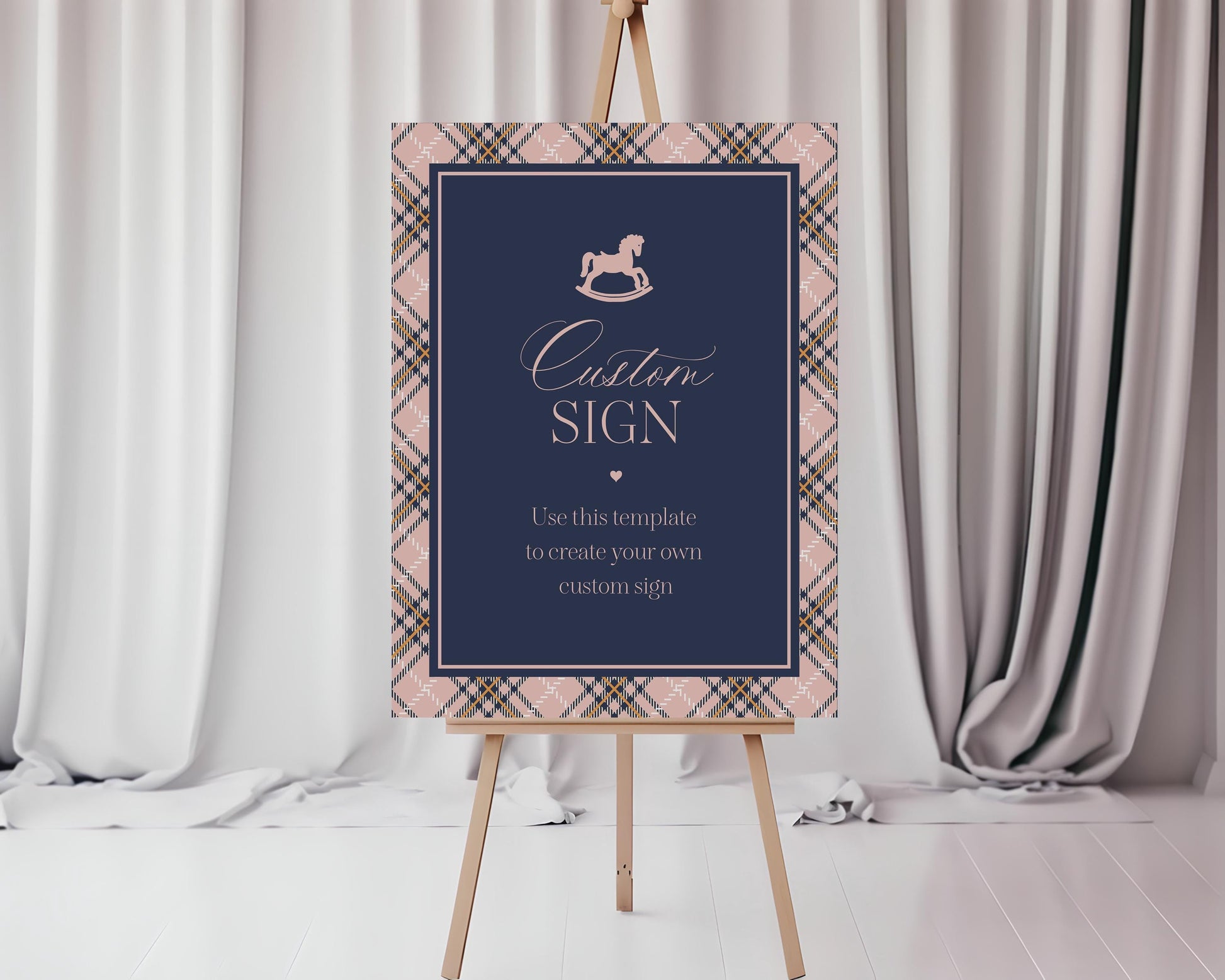 Classic Rocking Horse Custom Sign Template, Pink Tartan Plaid Baby Shower, Old Money Timeless First Birthday Party WP1088