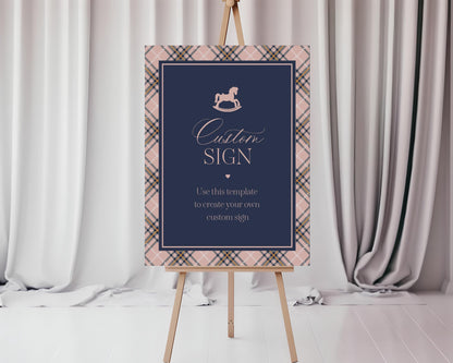 Classic Rocking Horse Custom Sign Template, Pink Tartan Plaid Baby Shower, Old Money Timeless First Birthday Party WP1088