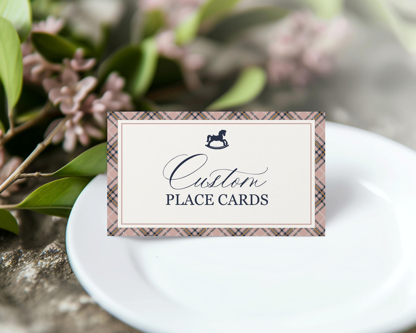 Classic Rocking Horse Place Cards Template, Pink Tartan Plaid Baby Shower, Old Money Timeless First Birthday Party WP1088