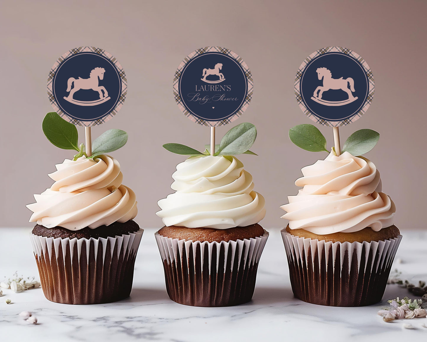 Classic Rocking Horse Cupcake Toppers Template, Pink Tartan Plaid Baby Shower, Old Money Timeless First Birthday Party WP1088