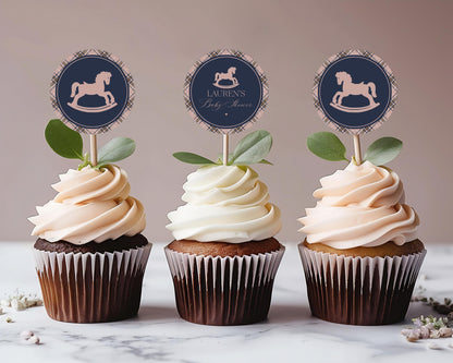 Classic Rocking Horse Cupcake Toppers Template, Pink Tartan Plaid Baby Shower, Old Money Timeless First Birthday Party WP1088