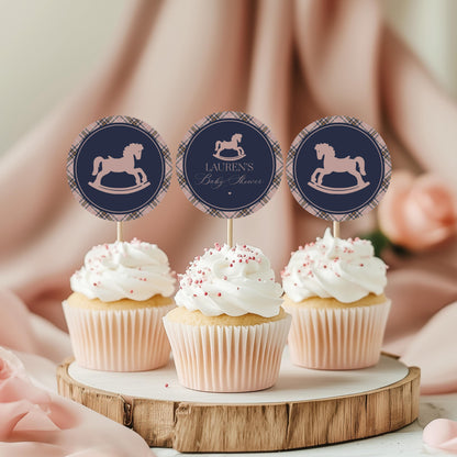 Classic Rocking Horse Cupcake Toppers Template, Pink Tartan Plaid Baby Shower, Old Money Timeless First Birthday Party WP1088