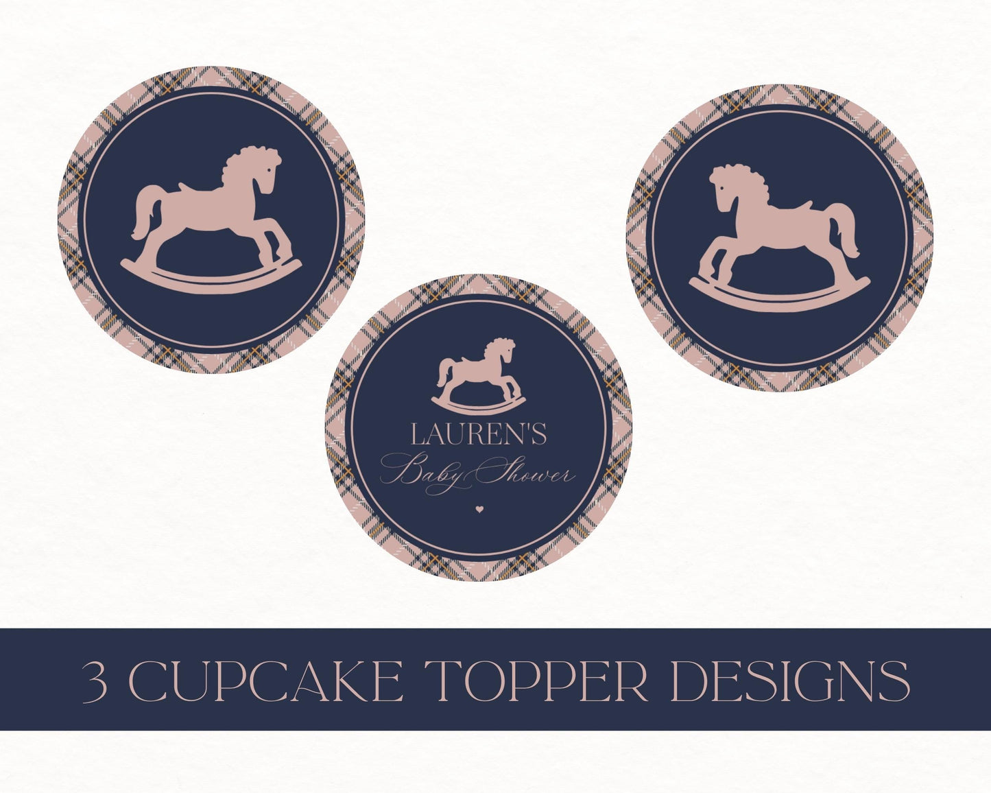 Classic Rocking Horse Cupcake Toppers Template, Pink Tartan Plaid Baby Shower, Old Money Timeless First Birthday Party WP1088