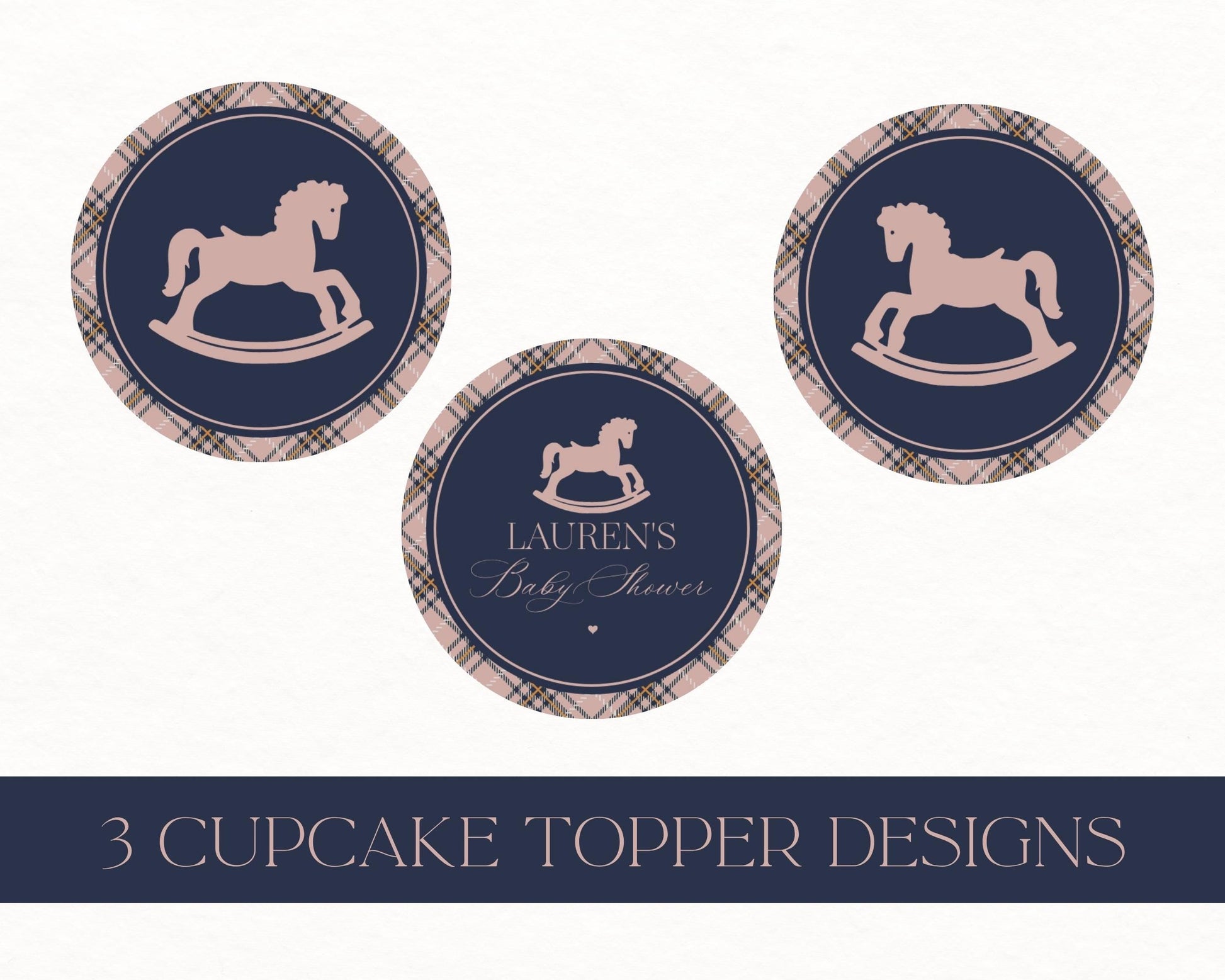 Classic Rocking Horse Cupcake Toppers Template, Pink Tartan Plaid Baby Shower, Old Money Timeless First Birthday Party WP1088