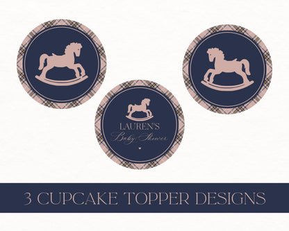 Classic Rocking Horse Cupcake Toppers Template, Pink Tartan Plaid Baby Shower, Old Money Timeless First Birthday Party WP1088